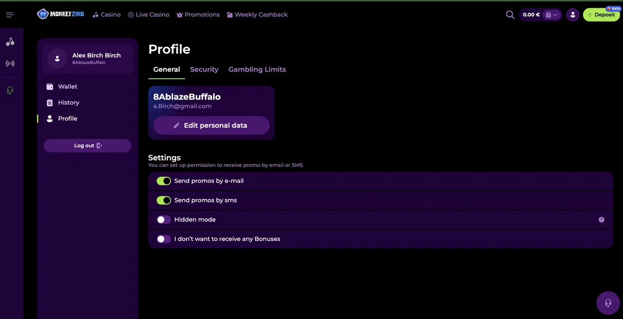 Monkeyzino account profile page with settings, password change and account closure tabs