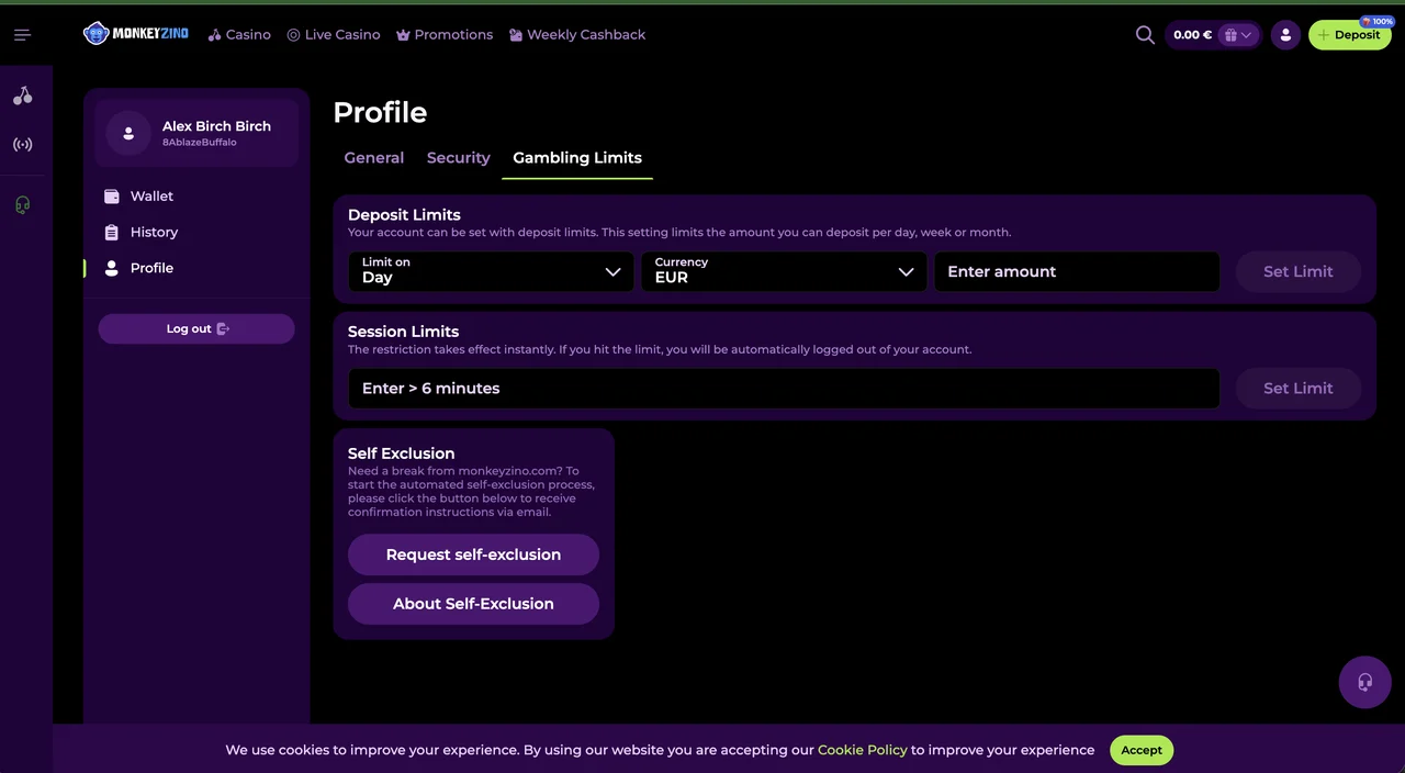 Monkeyzino Gambling Limits tab with deposit limit, session limit and the Request self-exclusion button