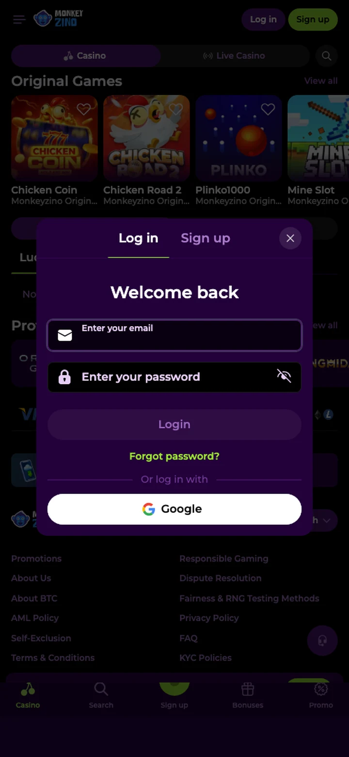 Monkeyzino mobile login screen with email field and lime login button