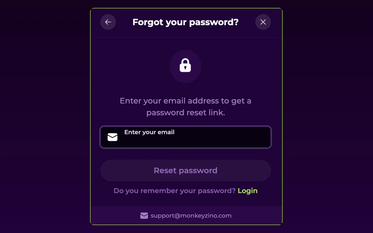 Monkeyzino Forgot your password screen with the email field for the reset link