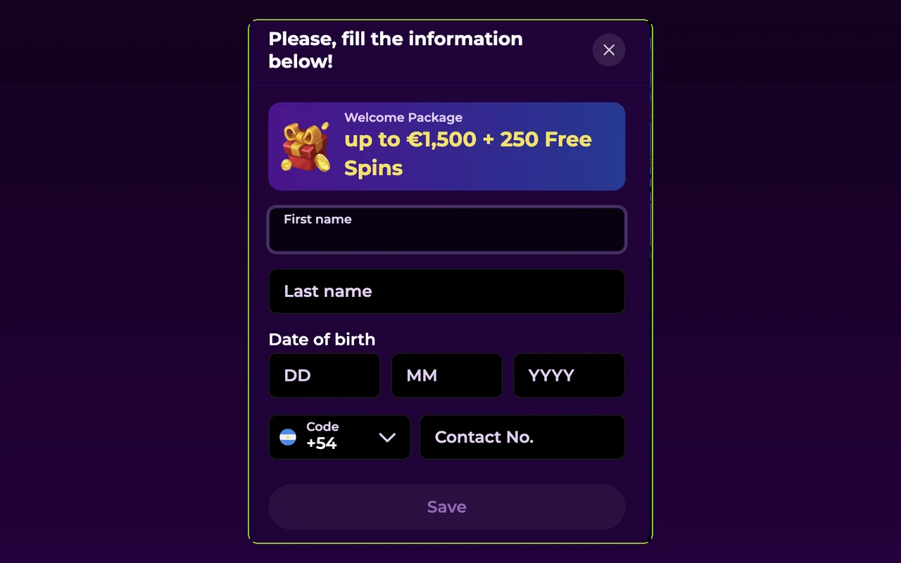 Monkeyzino post-signup form asking for first name, last name, date of birth and contact number